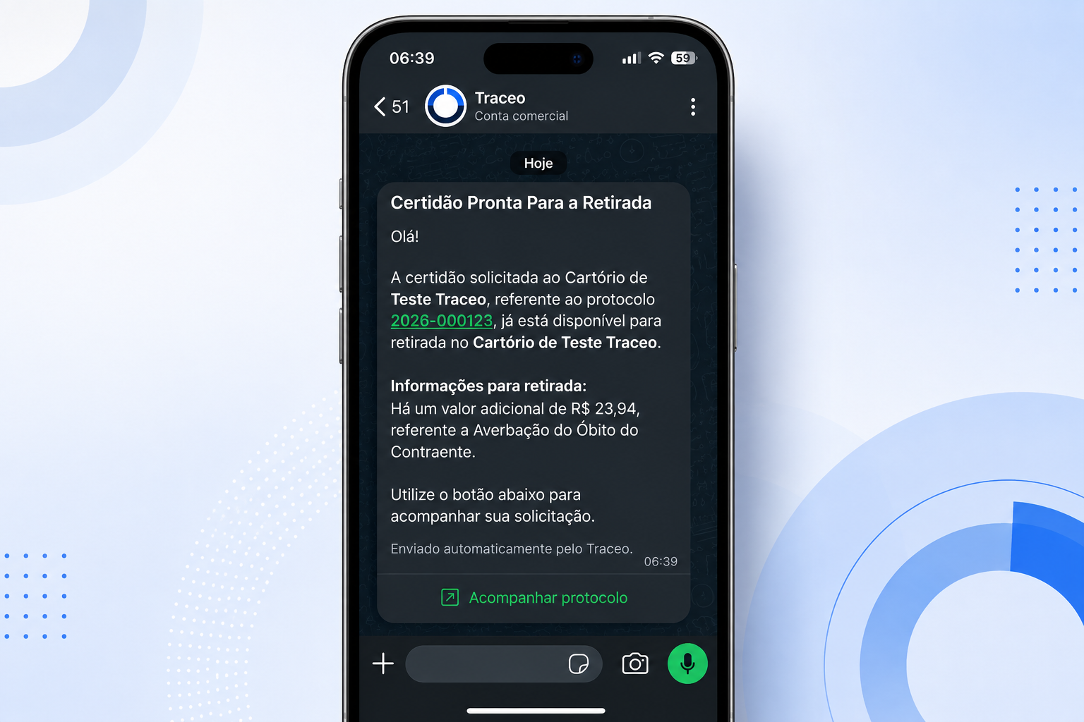 Notificação de certidão pronta pelo WhatsApp